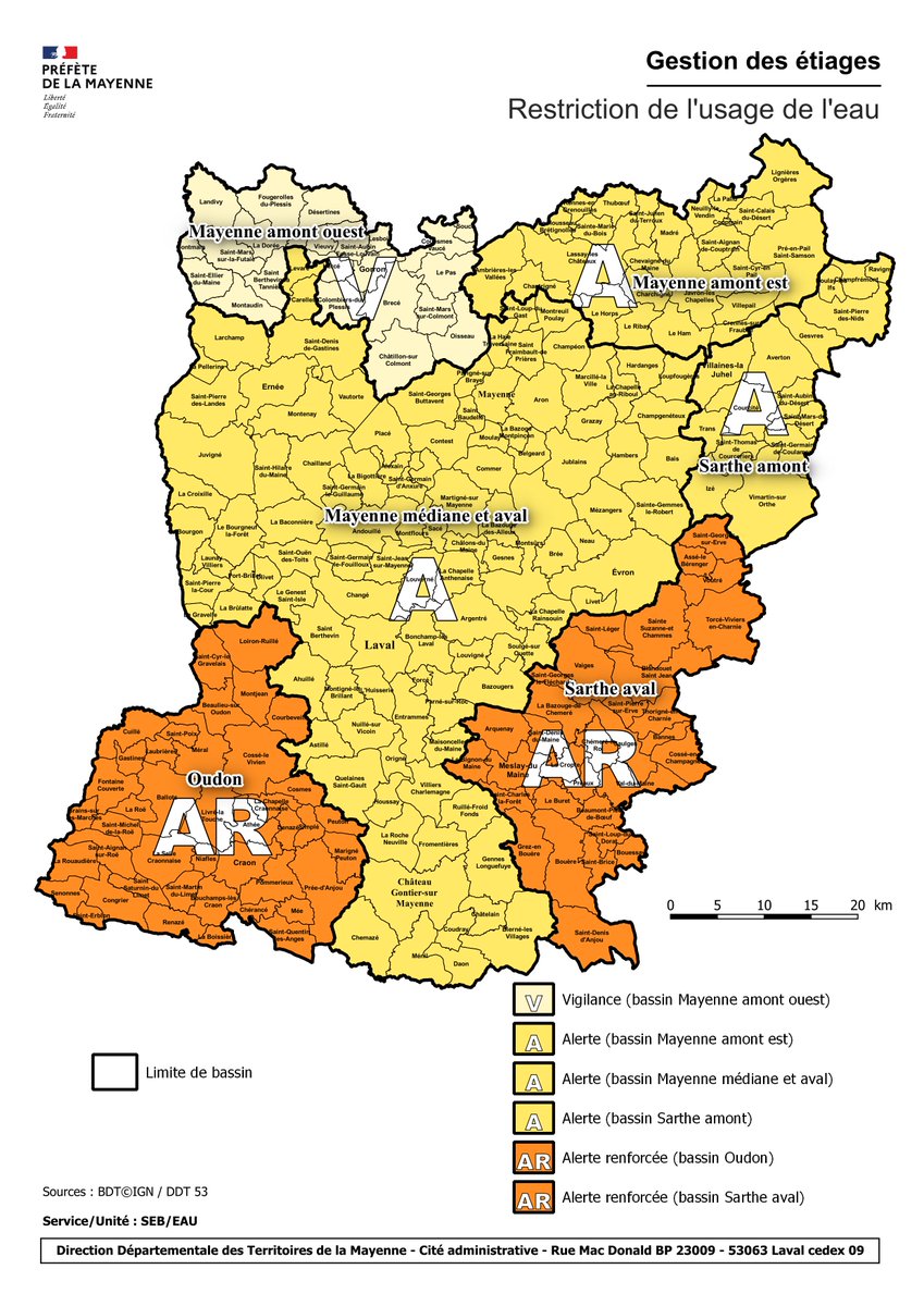 #Sécheresse Évolution des seuils des bassins en #Mayenne 💧
➡️ Passage de la Sarthe amont en alerte 🟡
➡️ Maintien de l’Oudon et de la Sarthe aval en alerte renforcée 🟠
➡️ Maintien de la Mayenne amont Est et de la Mayenne médiane et aval en alerte 🟡
➡️ Maintien de la Mayenne