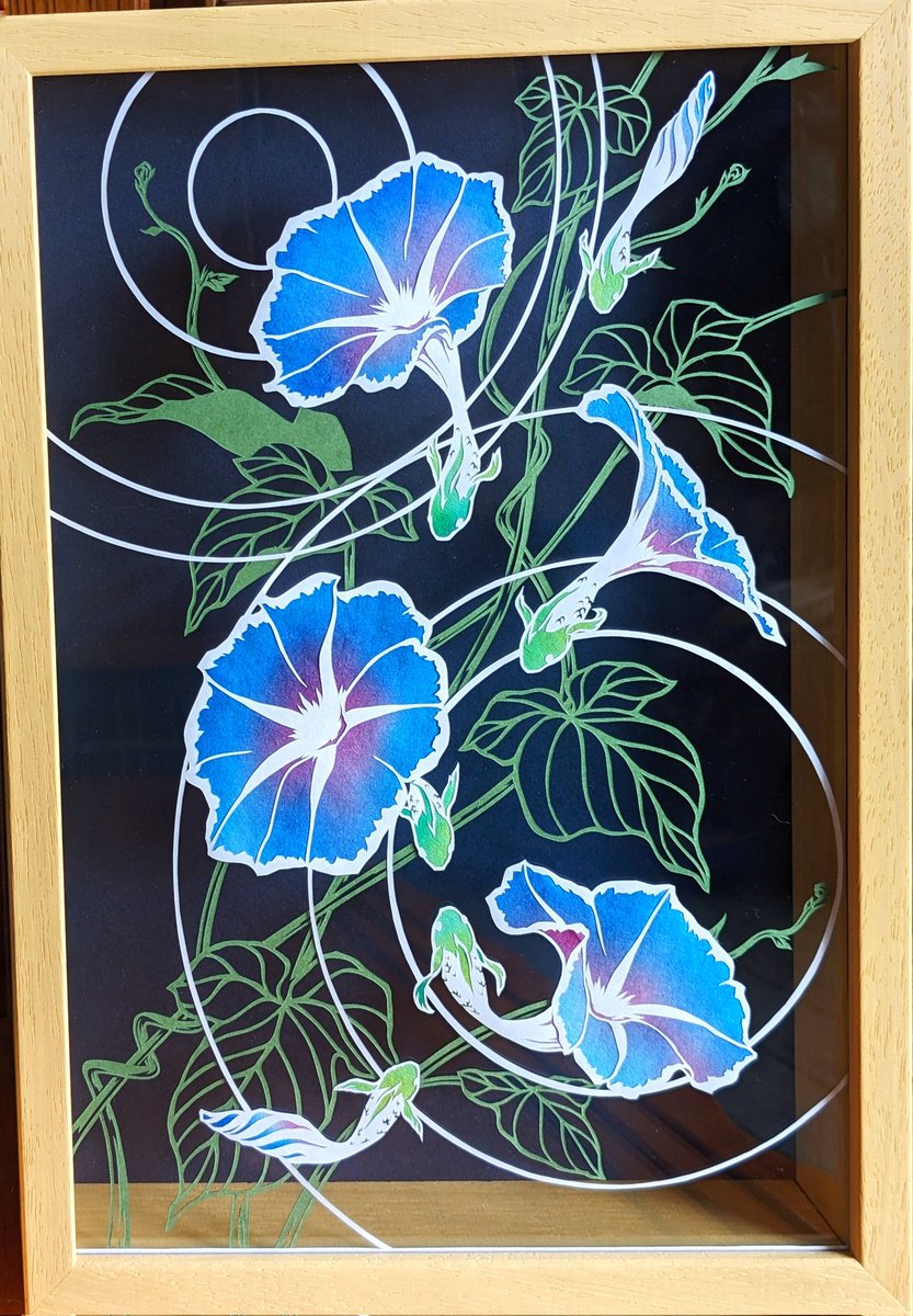 #暑いので涼しくなる画像を貼れ
#切り絵
朝顔、プランターの土より砂利の上にバラ蒔いた種の方が元気に伸びるの不思議。。。