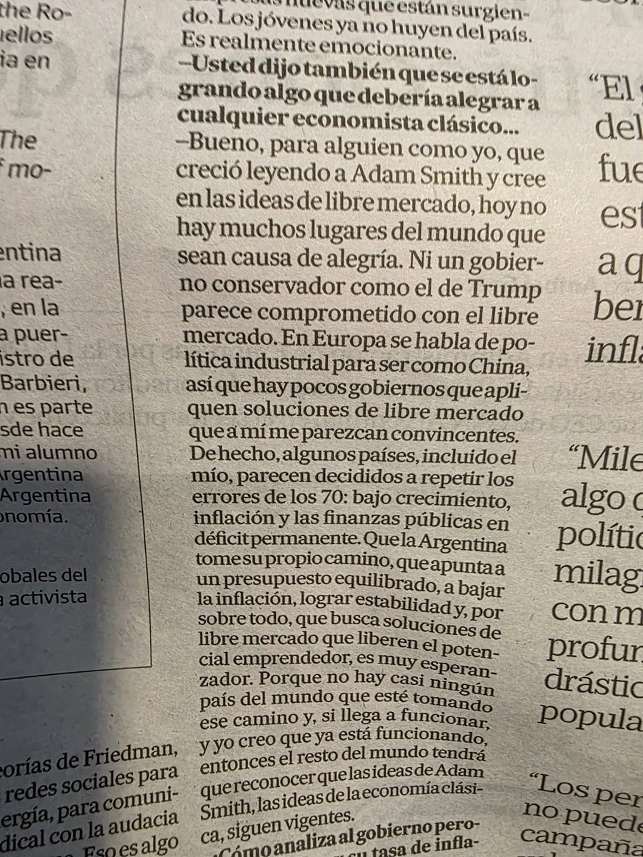 Me gustaría que lean este fragmento de una entrevista en <a href="/LANACION/">LA NACION</a> a Neil Ferguson, Economista liberal escocés seguidor de Margaret Thatcher, quien nos enseña con crudeza que el modelo <a href="/JMilei/">Javier Milei</a> no solo no se aplica en ningún lugar del mundo sino que es un experimento raro (yo me