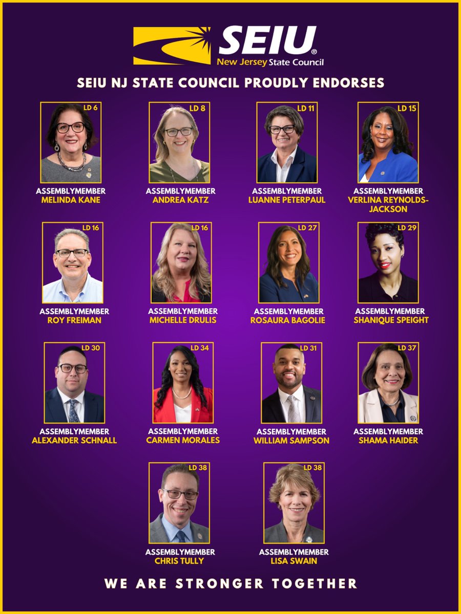 <a href="/SEIU_NJ/">SEIU NJ Council</a> we proudly endorse these experienced legislators for their leadership and commitment to labor. Making our communities stronger for everyone.  #togetherwearestronger