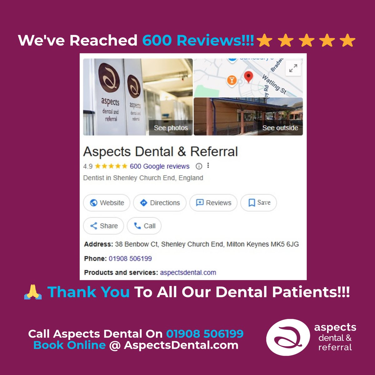 We’ve reached 600 Google Reviews!

A huge thank you to our amazing patients for your support and kind words.

We’re truly grateful for the trust you place in us every day. ❤️

📍 Milton Keynes

📞 01908 506199

🔗 aspectsdental.com/book-online/

#MiltonKeynesDentist