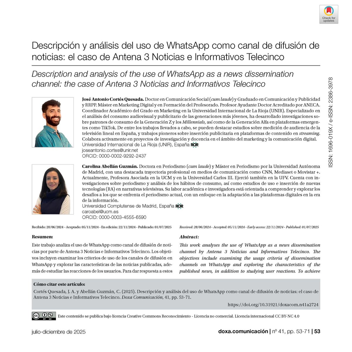 Doxa Comunicación (@doxacom) on Twitter photo Descripción y análisis del uso de WhatsApp como canal de difusión de
noticias: el caso de Antena 3 Noticias e Informativos Telecinco
👌🏻Por José Antonio Cortés Quesada de la <a href="/UNIRuniversidad/">Universidad Internacional de La Rioja (UNIR)</a> y Carolina Abellán Guzmán de la <a href="/unicomplutense/">Complutense</a>
ℹ️ DOI: doi.org/10.31921/doxac… Descripción y análisis del uso de WhatsApp como canal de difusión de
noticias: el caso de Antena 3 Noticias e Informativos Telecinco
👌🏻Por José Antonio Cortés Quesada de la <a href="/UNIRuniversidad/">Universidad Internacional de La Rioja (UNIR)</a> y Carolina Abellán Guzmán de la <a href="/unicomplutense/">Complutense</a>
ℹ️ DOI: doi.org/10.31921/doxac…