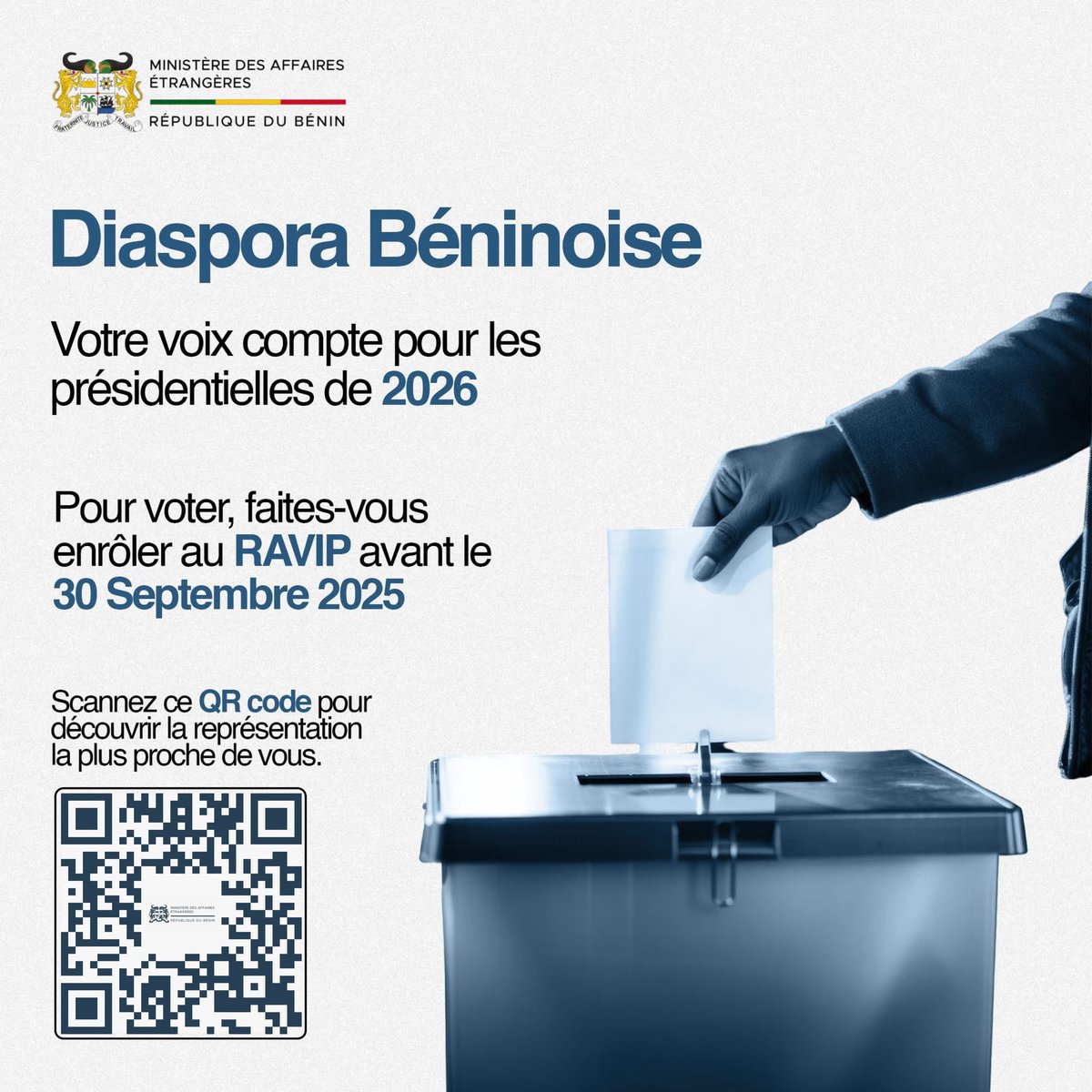 critikmag's tweet photo. 🟠🇧🇯 Si vous êtes Béninois vivant à l’étranger, vous pouvez avoir votre carte RAVIP et même voter aux présidentielles de 2026 ! Inscrivez-vous au RAVIP avant le 30 septembre 2025 pour faire valoir votre voix.
#Critikmag #BeninDiaspora
#RAVIP #ActualitéBénin https://t.co/LZWGmgj5r8