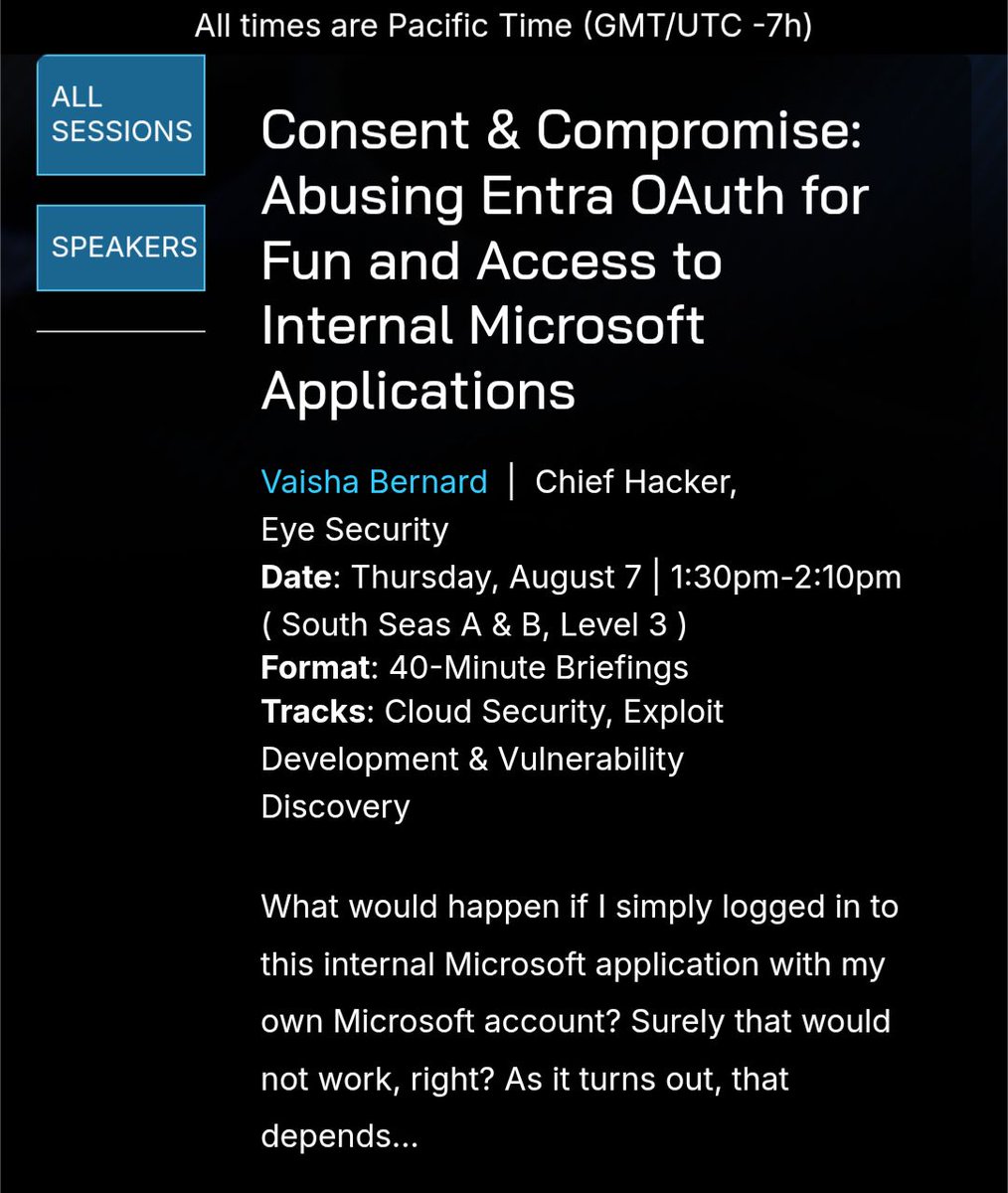 Eye Security (@eyesecurity) on Twitter photo This afternoon at Black Hat USA, our Chief Hacker Vaisha Bernard <a href="/the1bernard/">Vaisha Bernard</a> is breaking down how attackers can abuse Entra OAuth to pivot into internal Microsoft applications.
📍 1:30 PM | South Seas A & B, Level 3
🎯 Consent & Compromise: Abusing Entra OAuth for Fun and This afternoon at Black Hat USA, our Chief Hacker Vaisha Bernard <a href="/the1bernard/">Vaisha Bernard</a> is breaking down how attackers can abuse Entra OAuth to pivot into internal Microsoft applications.
📍 1:30 PM | South Seas A & B, Level 3
🎯 Consent & Compromise: Abusing Entra OAuth for Fun and
