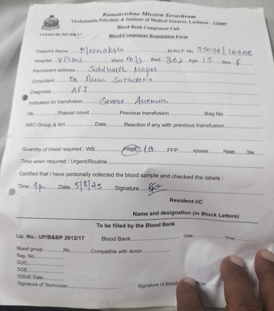 #Emargency ⭕
Patient name :- Meenakshi 
Age :- 15
Blood Group :- B positive 
Unit Require :- 2 
Hospital Name :-Vivekanand Clinick   Nishtagunj
City = Lucknow
Cause :- Sevier anemia 
Attendant Name :- Kiran 
Mobile :- 8318393270
<a href="/BloodDonorsIn/">Blood Donors India</a> <a href="/BloodLoopGAME/">BloodLoop🔺 | Hero-Shooter</a> 
<a href="/DrRohinighavari/">Dr. Rohini Ghavari ( रोहिणी )</a>