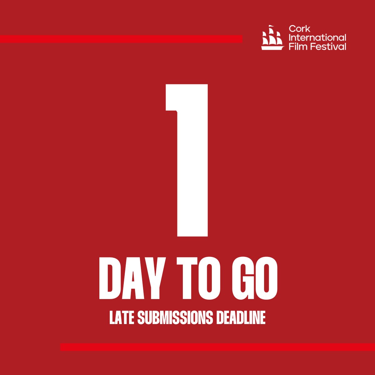 📢FINAL CALL: 1 DAY LEFT! ⁠
⁠
FOR LATE INTERNATIONAL (SHORTS/FEATURES) &amp; IRISH FEATURES/DOCS SUBMISSIONS!📢⁠

🌏️Irish &amp; Intl Features/Docs, Intl Shorts : Wed, 6 Aug
🇮🇪 Irish Shorts &amp; Cork Shorts: Fri, 8 Aug

l8r.it/0lcE