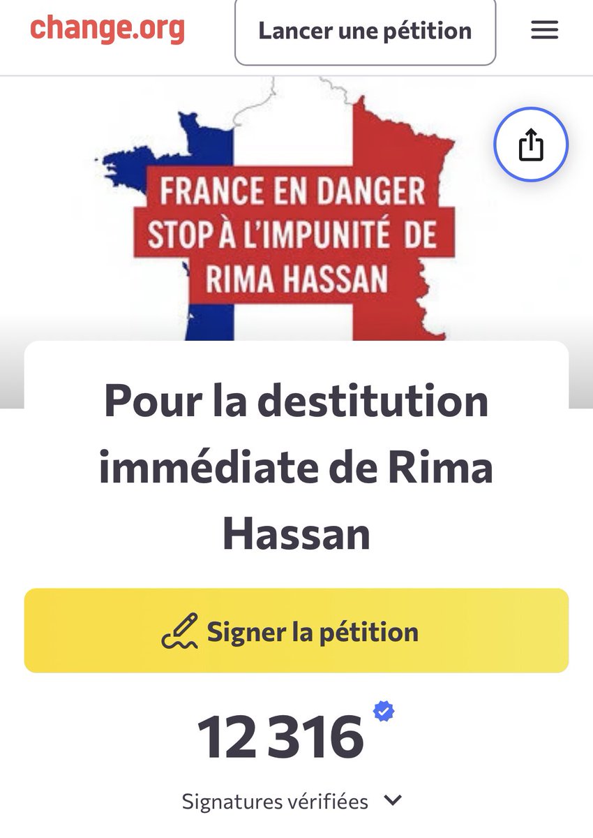 Plus de 12000 signatures pour la destitution de Rima Hassan et la demande d’une enquête et d’une condamnation pour apologie du terrorisme.
Merci à toutes les personnes qui ont signé et relayé. 
Continuons le combat ensemble ! 

chng.it/xrrCgFdHdW