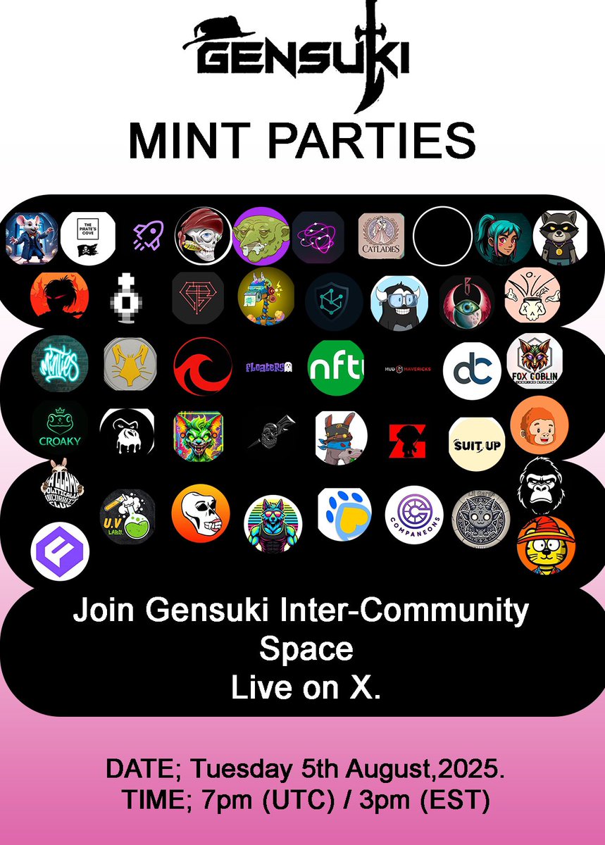 🤝Join our weekly intercommunity space <a href="/Gensuki_/">GENSUKI</a> packed with great builders and exciting projects.

Set reminder: x.com/i/spaces/1yNxa

Guests:
<a href="/Aetherfall_HQ/">Aetherfall Interactive 🎮</a> 
<a href="/honorais/">The HonOrais - $HONOR</a> 
<a href="/imnft_official/">ImageMaker Foundation</a> 
<a href="/VentureMindAI/">VentureMind AI</a> 
<a href="/NeuroFreakz/">NeuroFreakz</a> 
<a href="/NoUseNFT/">No.Use NFT</a> 
<a href="/narrrf12345/">Narrrf 🇦🇹</a> 
<a href="/therealmkin/">The RealM kins</a> 
<a href="/cryptobanditpet/">CryptoBanditPets</a>