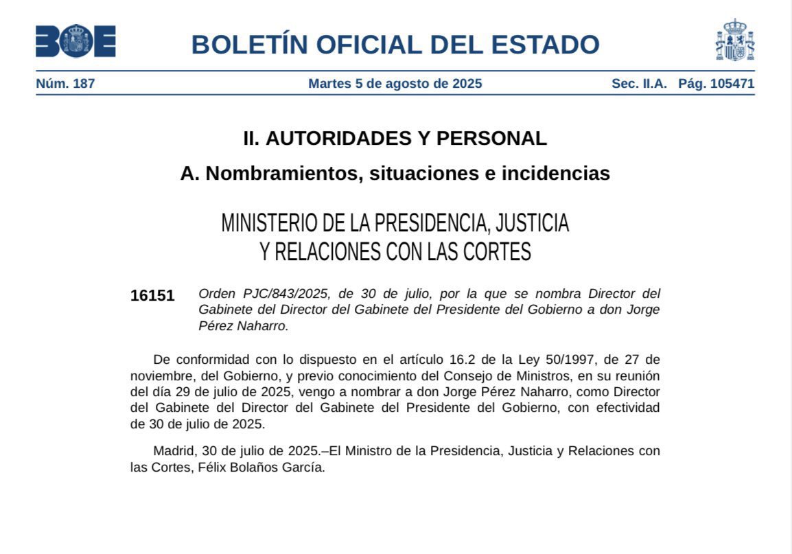 vitoquiles's tweet image. El Gobierno anuncia un nuevo nombramiento con sueldo público: “director de gabinete del director de gabinete de Pedro Sánchez”
Lo publican este agosto en el BOE, mientras Sánchez disfruta en el palacio vacacional de La Mareta.