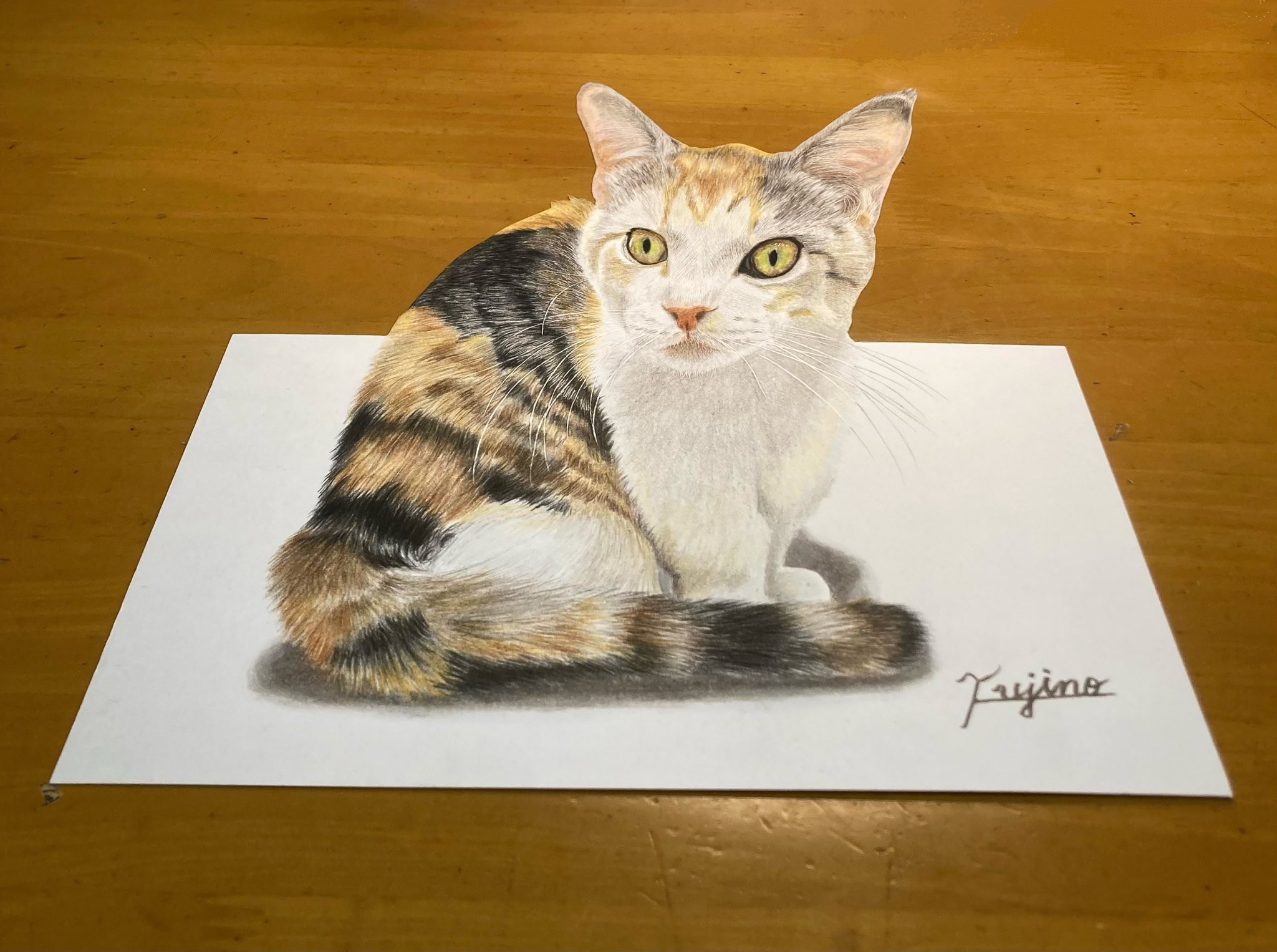 自作絵画 ねこ パフェ 原画「ハチワレ猫と鳥といちごパフェ」猫/小鳥/スウィーツ