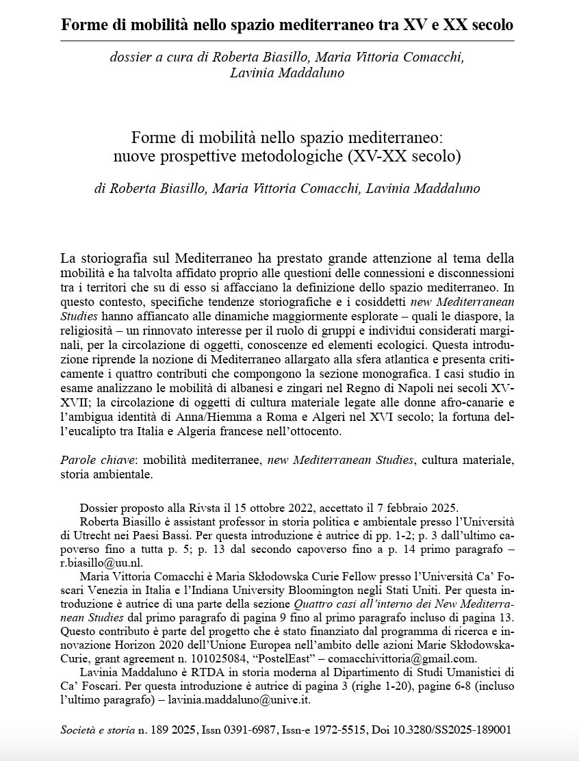Finally, what originated as a workshop organised at the EUI in 2021 by Roberta Biasillo, <a href="/vitticomacchi/">Maria Vittoria Comacchi</a> and myself is now a forthcoming special section on Mediterranean mobilities in the Italian journal Società e Storia :)