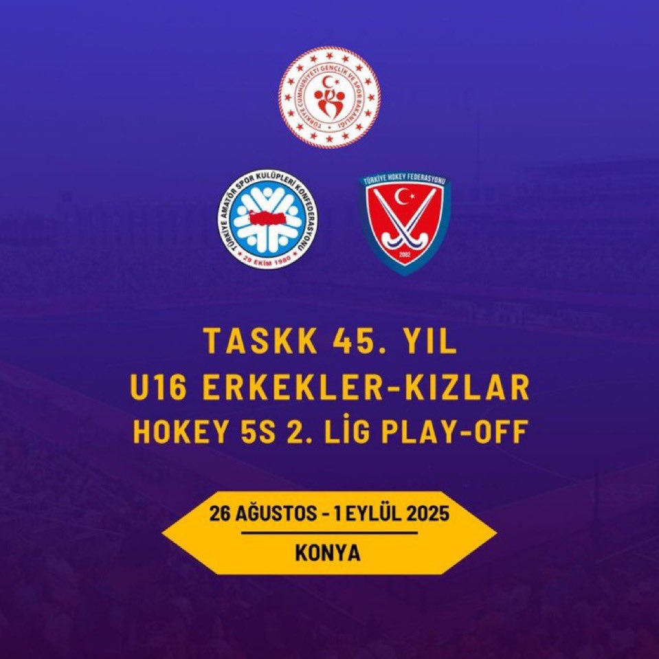 Konfederasyonumuz 45.yıl anısına <a href="/TurkHokey/">Türk Hokey</a> Federasyonu tarafından düzenlenen “TASKK 45. Yıl U16 Erkekler-Kızlar Hokey 5s 2. Lig Play-off müsabakaları” 26 Ağustos-1 Eylül 2025 tarihinde Konya’da yapılacak 🏑🇹🇷 <a href="/TurkHokey/">Türk Hokey</a> <a href="/taskk_1980/">Türkiye Amatör Spor Kulüpleri Konfederasyonu🇹🇷</a>