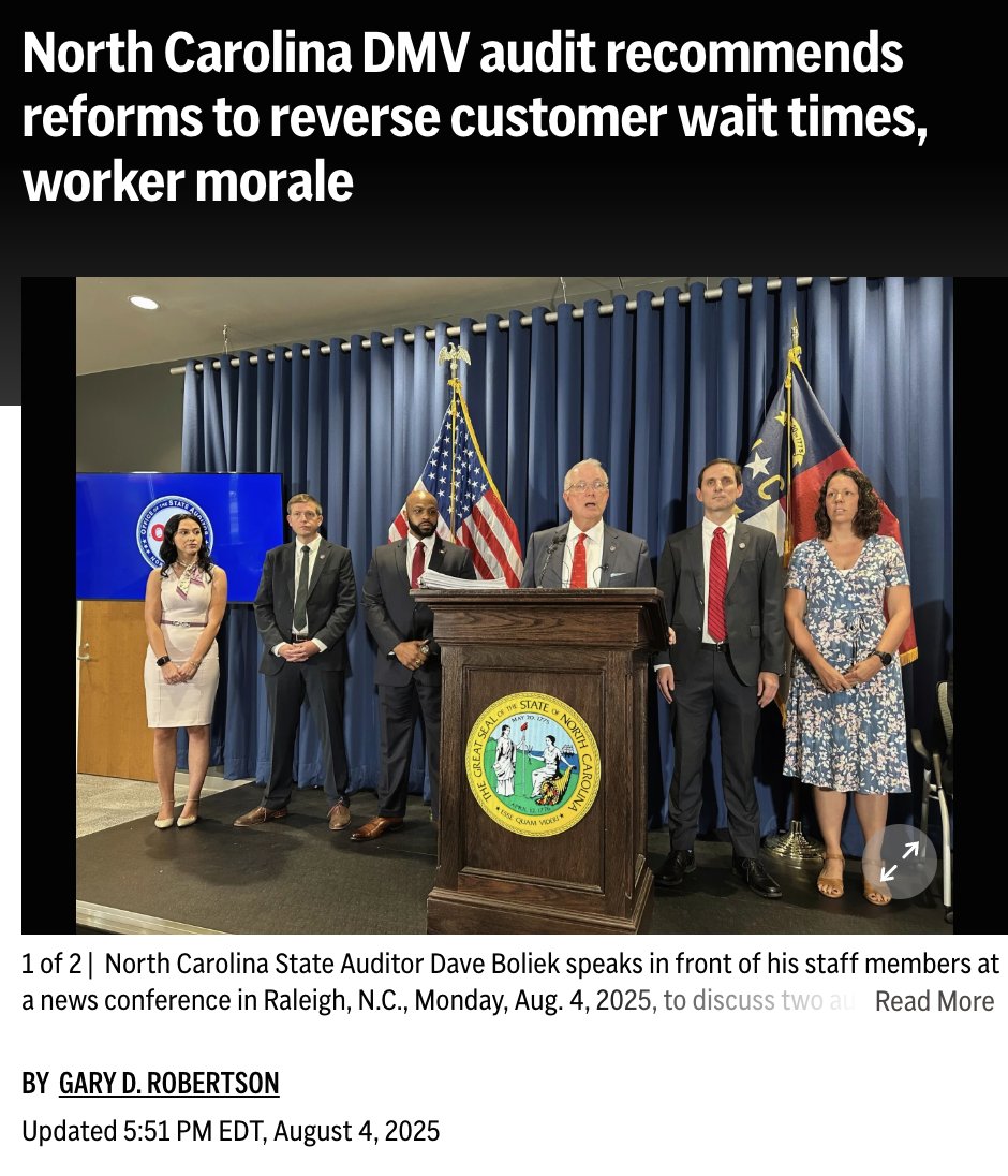 Carolina Forward (@forwardcarolina) on Twitter photo The short version of this DMV audit by <a href="/NCAuditorBoliek/">State Auditor Dave Boliek</a> is, basically: "<a href="/WayneGoodwinNC/">Wayne Goodwin</a> was right about everything all along, and you guys should've listened to him."
The solutions to fixing the DMV are straightforward and very well-understood. What's missing is political will. The short version of this DMV audit by <a href="/NCAuditorBoliek/">State Auditor Dave Boliek</a> is, basically: "<a href="/WayneGoodwinNC/">Wayne Goodwin</a> was right about everything all along, and you guys should've listened to him."
The solutions to fixing the DMV are straightforward and very well-understood. What's missing is political will.