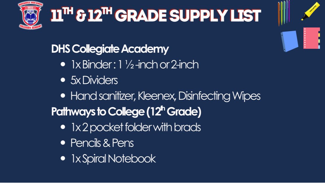🎉 DHS Collegiate is ready for an amazing 25–26 school year!

📚 Check out our school supply lists!

👥 Join us for Parent Meetings on Monday, Aug. 11 in the DHS East Cafeteria:
• 9/10 Grade – 5:30 PM
• 11/12 Grade – 6:45 PM

Let’s build academic champions together!
