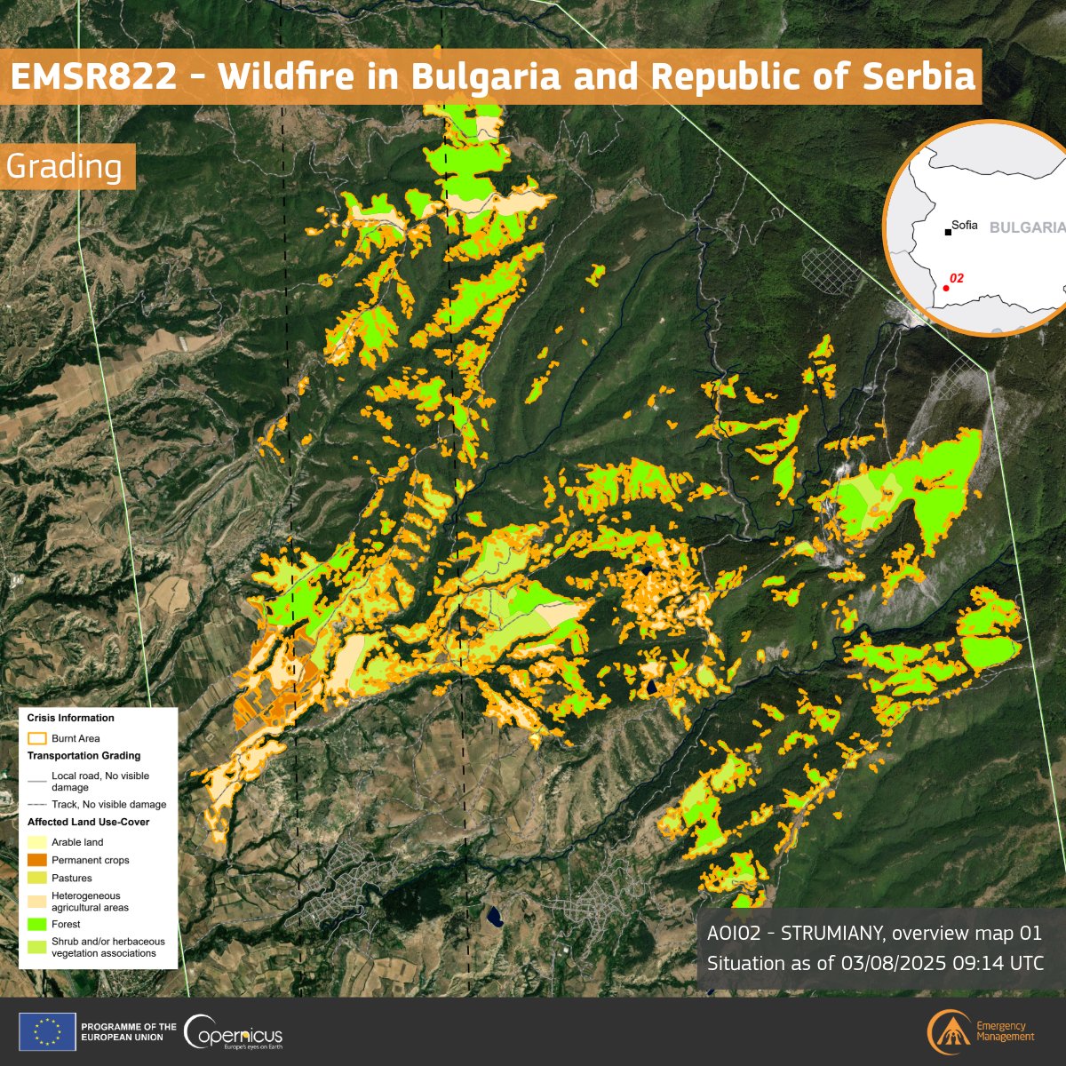 🔥 #EMSR822 – Wildfire in Bulgaria 🇧🇬

In Strumiany, Blagoevgrad region, our mapping shows around 1,178 ha burnt, with ~20 people potentially affected.

The grading also identifies impacts on pastures, forests, and agricultural land.

More info: mapping.emergency.copernicus.eu/EMSR822