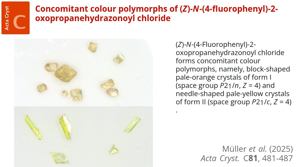 ActaCrystC's tweet photo. Concomitant colour polymorphs @ActaCrystC @IUCr https://t.co/5HoKXtodpe @UniHalle @maxplanckpress @deal_projekt @Rudi_Seidel #hydrazonoyl #chloride #hydrogenbonding #colour #polymorphism #Hirshfeld #HAR #crystalstructure #crystallography #openaccess https://t.co/FbRZPIHb8I