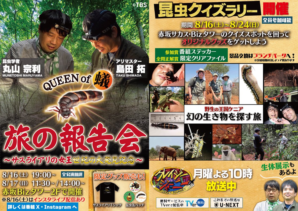 Crazy_Journey's tweet image. #サスライアリ の女王㊗️発見記念!
無料イベント開催決定!!
🐜『旅の報告会』
8/16(土)・8/17(日)
#島田拓 & #丸山宗利 が旅の裏側を語る!
応募はこちら👇
tbs.co.jp/kanran/check/c…
🐝昆虫クイズラリーも併せて開催
8/16(土)〜8/24(日)
番組オリジナルグッズプレゼント!
#クレイジージャーニー