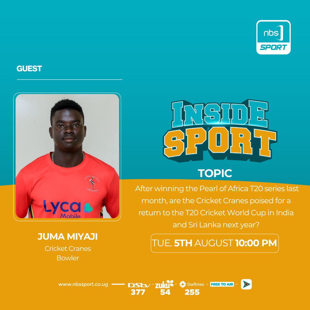 Tune in today at 10 PM on Inside Sport on <a href="/NBSportUg/">NBS Sport</a> as  <a href="/OgwangOyuku/">Ogwang Jackson Oyuku</a> and Juma Miyaji discuss the Pearl of Africa Series and more.

#LycaConnectsCricket