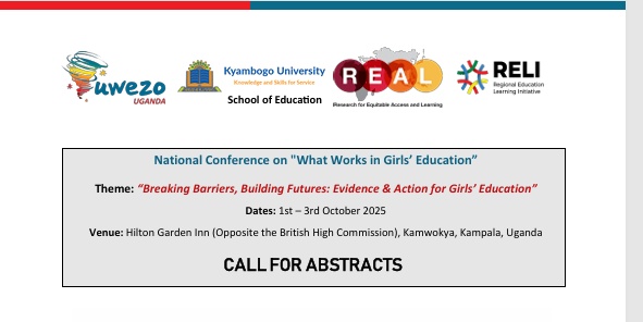 kyobesarah's tweet image. #CallForAbstract

Visit uwezouganda.org/call-for-abstr for details on the call for abstracts for the conference on &quot;What Works in Girls’ Education. &quot; Submission is due by 15th August 2025. The conference occurs from 1st to 3rd October 2025 at the Hilton Garden Inn - Kampala.@UwezoUganda