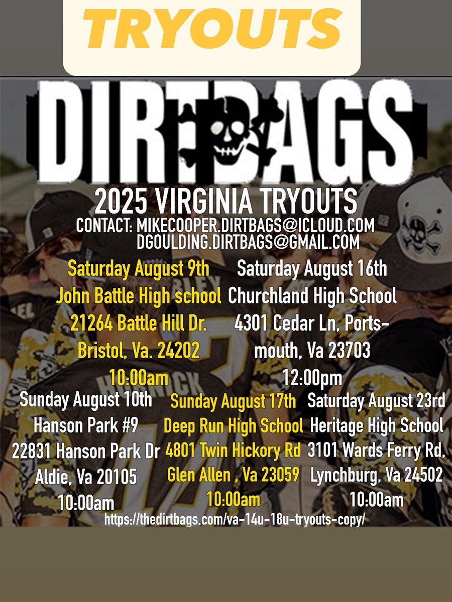 🚨🚨🚨It’s starts this weekend🚨🚨🚨🚨
First tryouts of the fall in the southwest area and Nova!!
☠️☠️⚾️⚾️🏴‍☠️🏴‍☠️