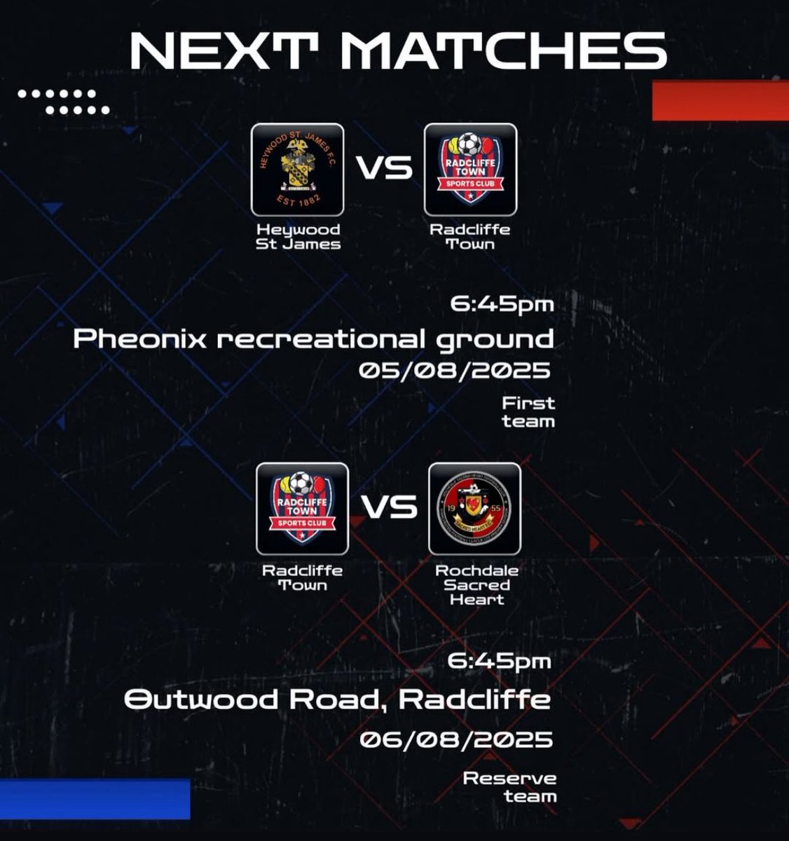 Radcliffe Town FC (@radcliffe_town) on Twitter photo โฝ๏ธ MIDWEEK FIXTURES โฝ๏ธ
Our Firsts and Reserves are in action away tonight and at home tomorrow respectively
FIRST TEAM ๐ด๐ต
๐ Heywood St James
๐๏ธ Phoenix Recreation Ground, OL10 1JW
๐ 6.45pm, 05-Aug
Reserves ๐ด๐ต
๐ Rochdale Sacred Heart Res
๐๏ธ Outwood Road
๐ 6.45pm, 06-Aug โฝ๏ธ MIDWEEK FIXTURES โฝ๏ธ
Our Firsts and Reserves are in action away tonight and at home tomorrow respectively
FIRST TEAM ๐ด๐ต
๐ Heywood St James
๐๏ธ Phoenix Recreation Ground, OL10 1JW
๐ 6.45pm, 05-Aug
Reserves ๐ด๐ต
๐ Rochdale Sacred Heart Res
๐๏ธ Outwood Road
๐ 6.45pm, 06-Aug