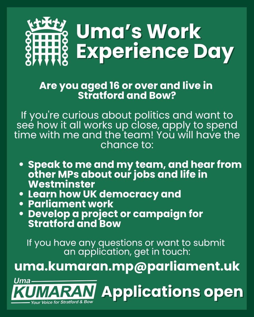 👀 Ever wondered what it’s like to work in Parliament?

This autumn, I’m giving young people from Stratford and Bow the chance to spend a day in Parliament - seeing my work up close, getting stuck into a project, and learning more about how change happens.

📩 Apply for my work