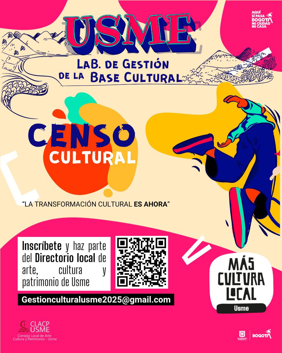 Usme le toma el pulso a la cultura 🎭

Súmate al Censo Cultural y haz parte del Directorio Local de Arte, Cultura y Patrimonio.

 Visibilicemos juntos el talento del territorio.

Inscríbete 👉 atom.bio/gestioncultura… o escríbenos al gestionculturalusme2025@gmail.com

#AquíSíPasa