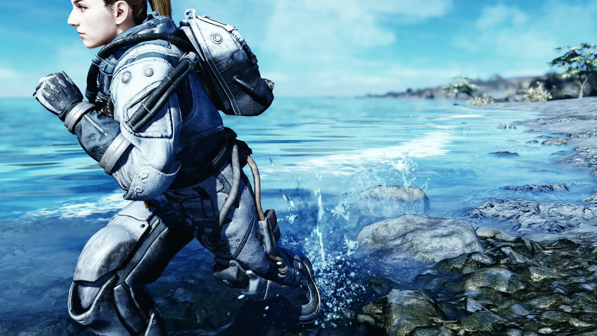 お題：空・海・太陽

宇宙服のままですが、探索の合間に久しぶりの海で少しはしゃいでる船長😆✨
水しぶきを意識して撮りました😊
#SpaceFrogTuesday #starfield #xbox