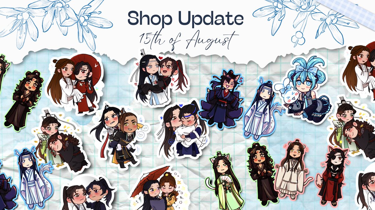 🩷 Next shop Update on August 15th!!

The danmei ships keychains and stickers will be available as well as some new fengqing prints!!