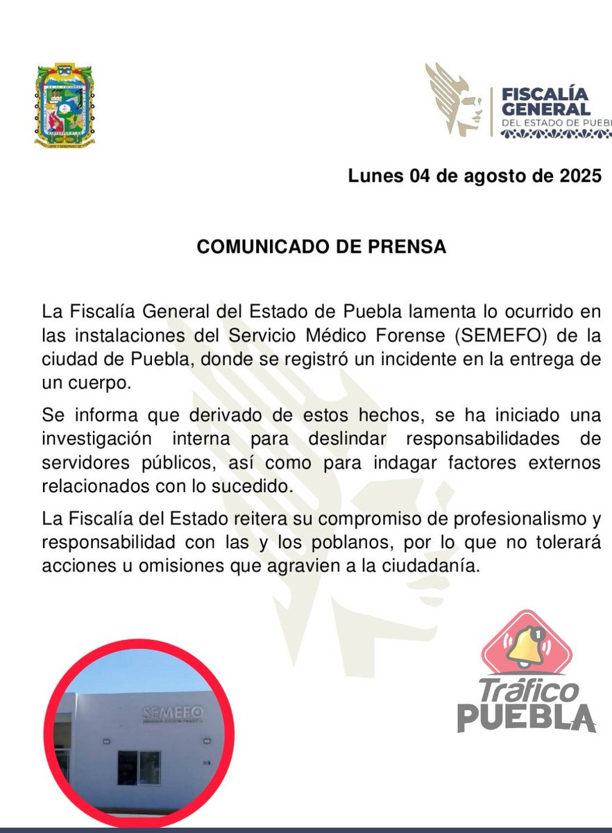 TraficoPuebla (@trafico_puebla) on Twitter photo ¡Increíble pero cierto! 🤯
En el Servicio Médico Forense se equivocaron de cuerpo y entregaron los restos erróneos a funeraria. 😱
La familia logró darse cuenta del error al momento de la entrega y dio aviso de este lamentable hecho.
La <a href="/FiscaliaPuebla/">FGE Puebla</a> aseguró que ya inició ¡Increíble pero cierto! 🤯
En el Servicio Médico Forense se equivocaron de cuerpo y entregaron los restos erróneos a funeraria. 😱
La familia logró darse cuenta del error al momento de la entrega y dio aviso de este lamentable hecho.
La <a href="/FiscaliaPuebla/">FGE Puebla</a> aseguró que ya inició