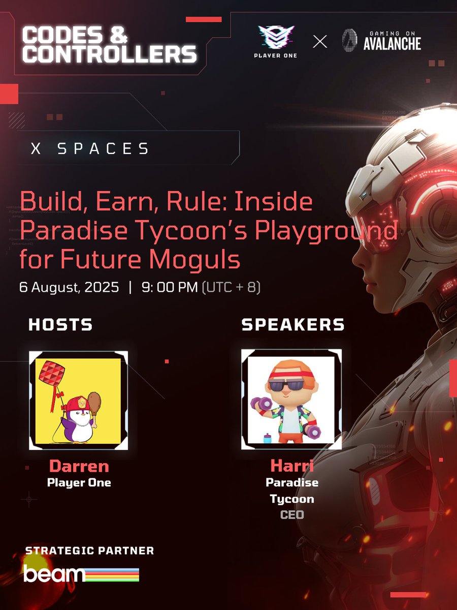 Player One (@playeronebit) on Twitter photo Build Your Empire, Own Your Paradise: Avalanche x Paradise Tycoon!
<a href="/harrikarppinen/">Harri 🏝 🍍Paradise</a> (CEO, Paradise Tycoon) 𝕏 <a href="/GamingOnAvax/">Avalanche Gaming 🔺</a>
Ready to mix tropical fun with Web3 strategy? 🌴 Join Harri – gaming vet and tycoon architect – to learn how Paradise Tycoon turns playful collaboration Build Your Empire, Own Your Paradise: Avalanche x Paradise Tycoon!
<a href="/harrikarppinen/">Harri 🏝 🍍Paradise</a> (CEO, Paradise Tycoon) 𝕏 <a href="/GamingOnAvax/">Avalanche Gaming 🔺</a>
Ready to mix tropical fun with Web3 strategy? 🌴 Join Harri – gaming vet and tycoon architect – to learn how Paradise Tycoon turns playful collaboration