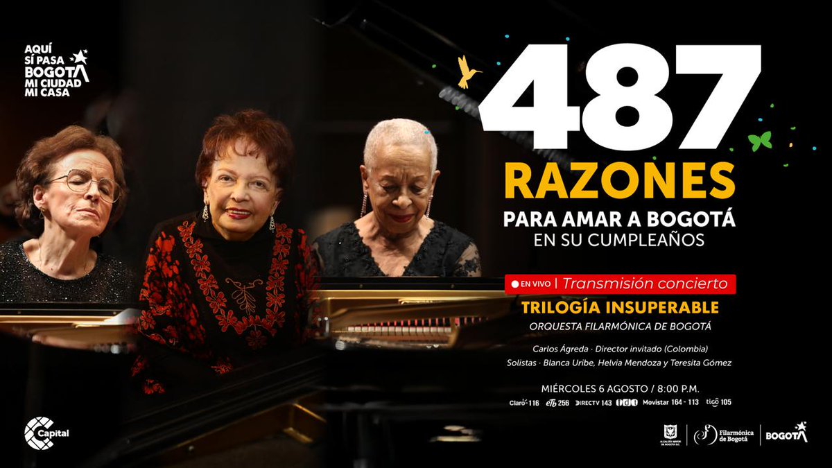 David García (@davidgarciarod) on Twitter photo Bogotá cumple 487 años. Una semana con cinco maravillosos conciertos de <a href="/filarmonibogota/">Orquesta Filarmónica de Bogotá</a>
Miércoles 6 de agosto:
•Metallica vs Guns n’ Roses Filarmónico (6 pm, entrada libre, Parque Simón Bolívar)
•Tres grandes pianistas colombianas (8:00 pm, Teatro Mayor)
Viernes 8: Bogotá cumple 487 años. Una semana con cinco maravillosos conciertos de <a href="/filarmonibogota/">Orquesta Filarmónica de Bogotá</a>
Miércoles 6 de agosto:
•Metallica vs Guns n’ Roses Filarmónico (6 pm, entrada libre, Parque Simón Bolívar)
•Tres grandes pianistas colombianas (8:00 pm, Teatro Mayor)
Viernes 8: