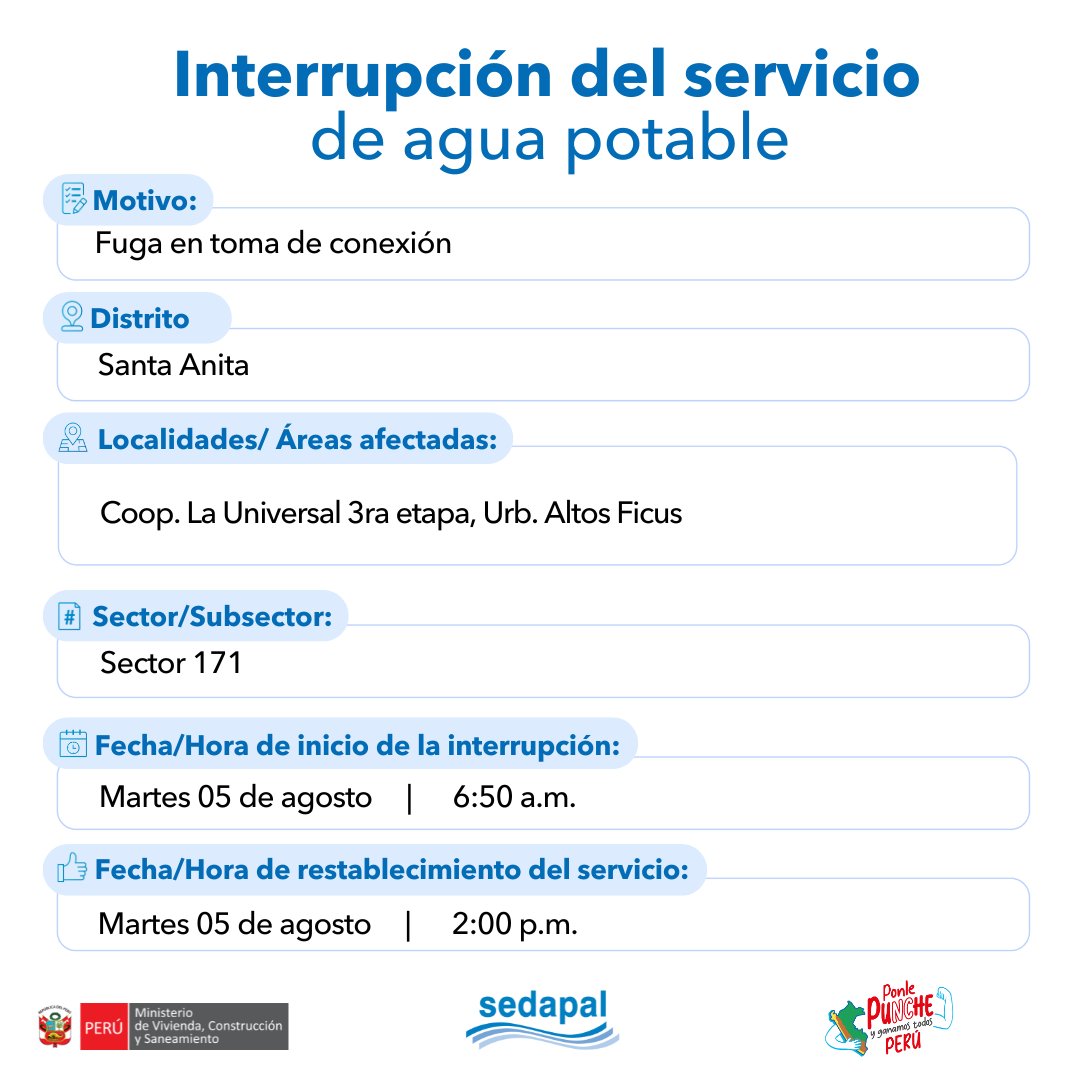 SedapalOficial's tweet image. 🚨 #LoÚltimo | ¡Atención vecinos de #SantaAnita! #Sedapal atiende una emergencia imprevista por lo que se interrumpirá parcialmente el servicio de agua en algunos sectores. Más detalles aquí 👇 #InterrupciónDelServicio