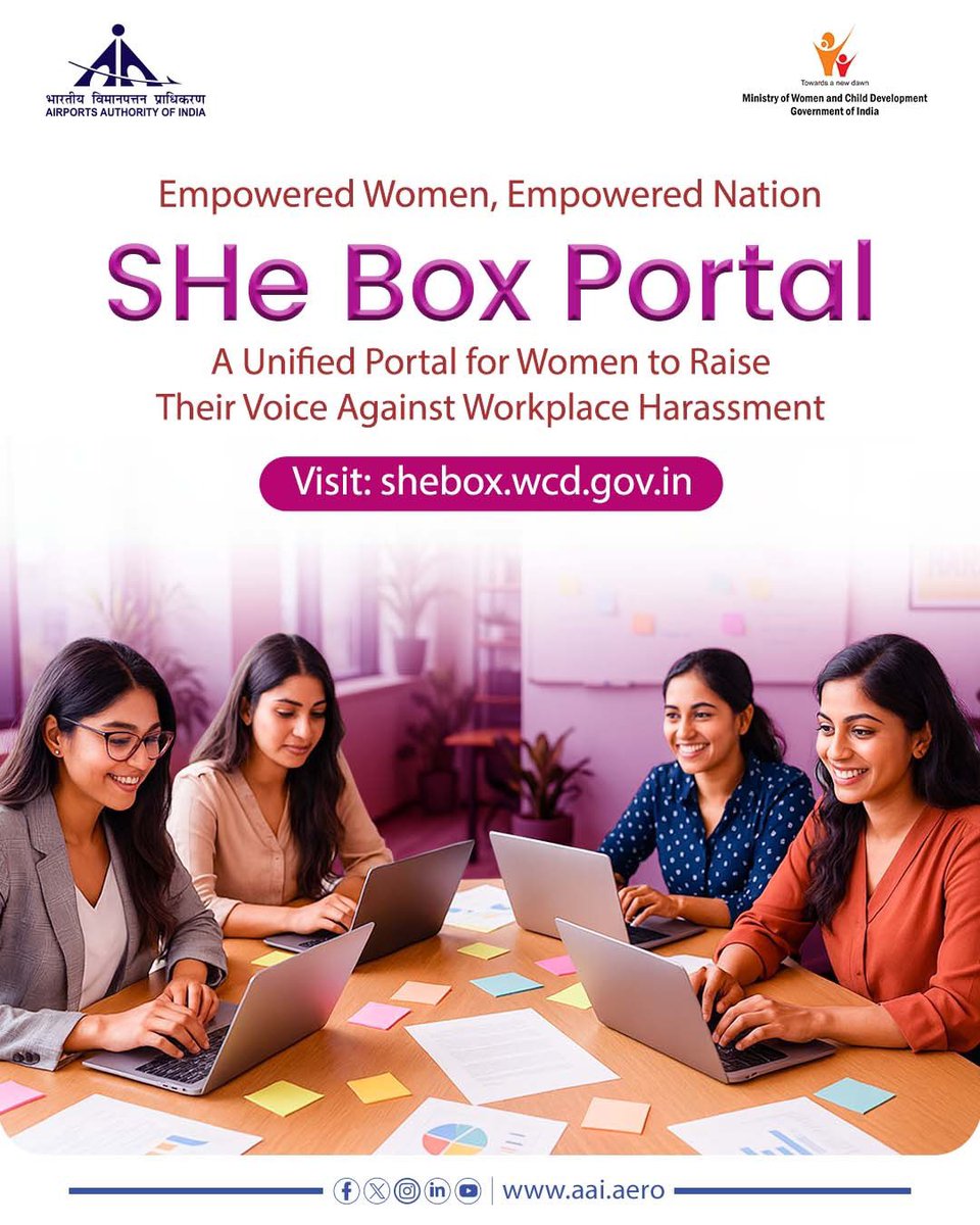 AAIIXSAirport's tweet image. Empowered women build a stronger nation! 
The SHe-Box Portal empowers women to report workplace harassment with ease and confidentiality.
#SHeBox  #AAI