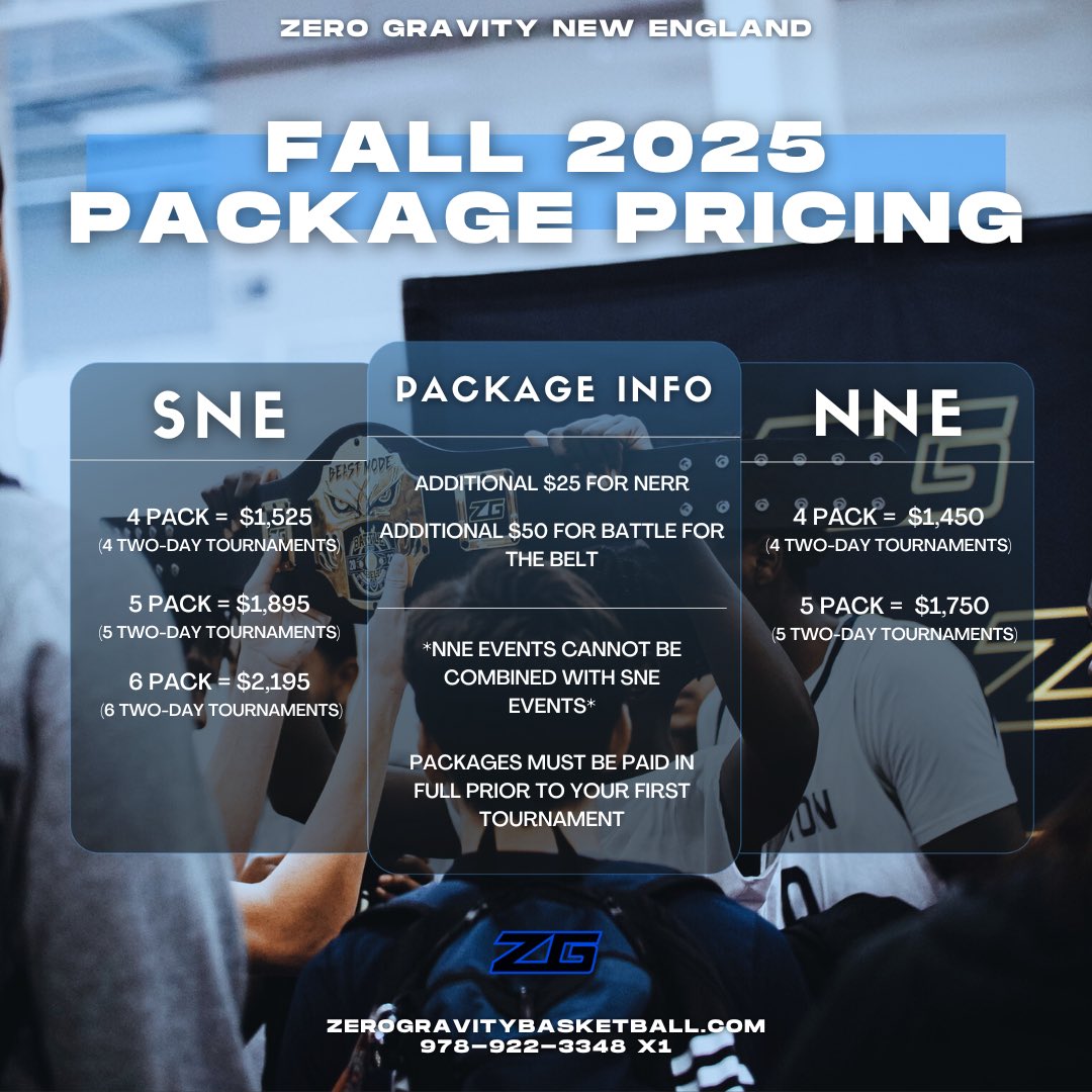 Plan and save this fall with our event packages! 

Looking to play in 6+ events or travel out of state? Pick your events and we’ll build a custom package for your squad! 

🗓️ Fall events: zerogravitybasketball.com/events-master1/

💰Package info: zerogravitybasketball.com/packages/