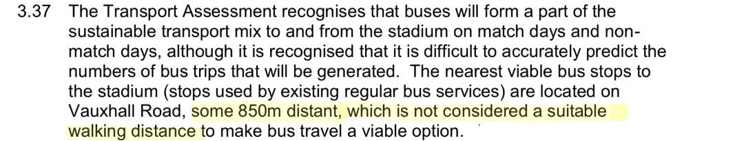 It's interesting the original Transport Assessment for the stadium judged 850m was not a suitable walking distance to be viable.

Now walking 1.6 miles is "a great opportunity to get your steps in for the day"