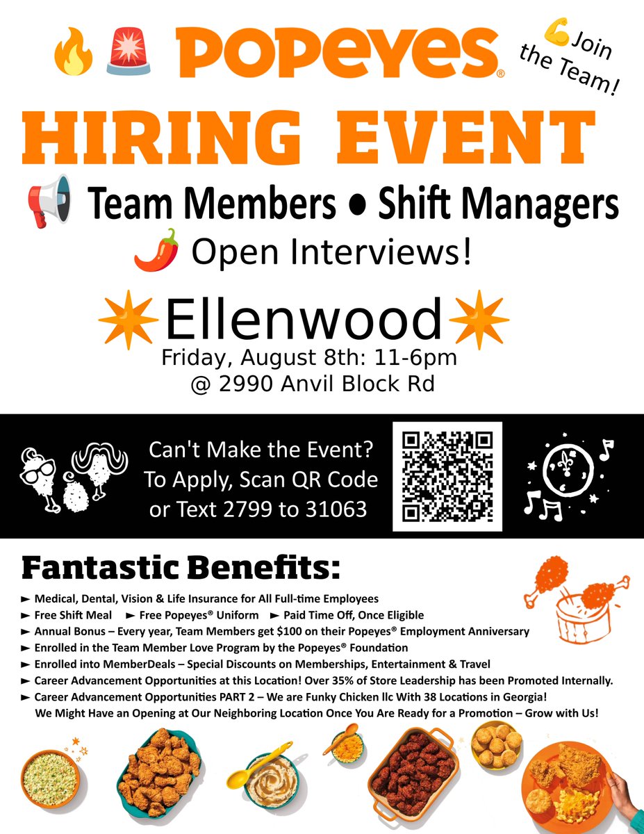 FunkyChickenATL's tweet image. 👉 OPEN Interviews at Popeyes🔥 Join us at Popeyes for a Hiring Event on Friday August 8th from 11-6 at our Ellenwood location located at 2990 Anvil Block Rd.   
Can’t make event? 👇 Tap the link &amp;amp; apply: workstream.us/j/74bf9108/pop…
#EllenwoodGAJobs #EllenwoodGA #Popeyes🚨