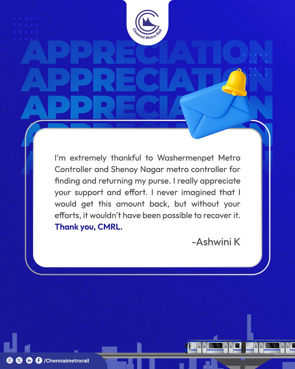 At Chennai Metro, we are committed to ensuring the safety of both our passengers and their belongings. 

#ChennaiMetro #CMRL #MetroRide #ChennaiMetroCares #ChennaiMetroRail #LostandFound