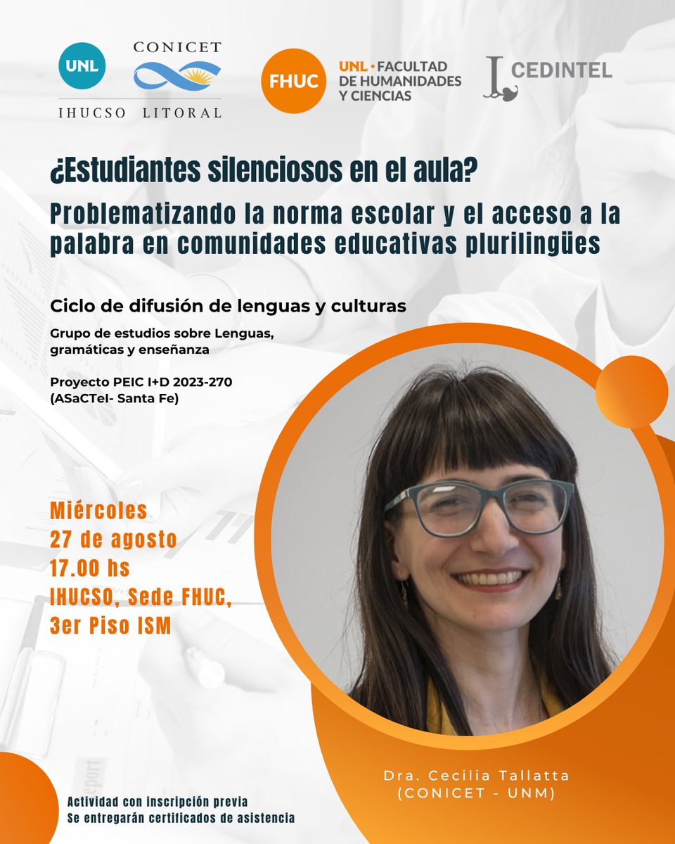 "¿Estudiantes silenciosos en el aula?: problematizando la norma escolar y el acceso a la palabra en comunidades educativas plurilingües"

🗣️ A cargo de la Dra. Cecilia Tallatta (UNM)

📅Miércoles 27 de agosto
⏰ 17 hs
📍 IHuCSo sede FHUC

👇
 ihucso.conicet.gov.ar/nuevo-encuentr…