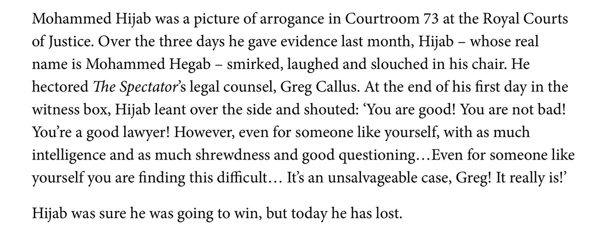Max Jeffery (@maxjeffery_) on Twitter photo Mohammed Hijab’s defamation claim against <a href="/spectator/">The Spectator</a> and <a href="/DouglasKMurray/">Douglas Murray</a> has failed.
Our piece on the verdict, with some reflections on what happened in the courtroom… spectator.co.uk/article/the-sp… Mohammed Hijab’s defamation claim against <a href="/spectator/">The Spectator</a> and <a href="/DouglasKMurray/">Douglas Murray</a> has failed.
Our piece on the verdict, with some reflections on what happened in the courtroom… spectator.co.uk/article/the-sp…
