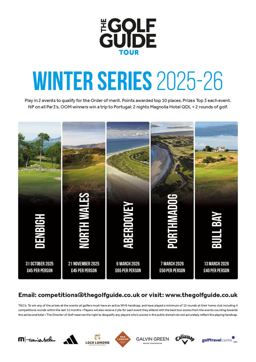The Golf Guide (@golfguidehq) on Twitter photo Winter series 2025/26 <a href="/golfguidehq/">The Golf Guide</a> Tour
Win a trip to Portugal for 2 people
<a href="/DGCProShop/">DenbighGolfClub</a> 31st Oct £35 per person
<a href="/northwalesgc/">North Wales G C</a> 21st Nov £45 per person
<a href="/AberdoveyGC/">Aberdovey Golf Club</a> 6th Mar £65 per person
<a href="/PorthmadogGC/">Porthmadog Golf Club</a> 7th Mar £45 per person
<a href="/bullbaygolfclub/">Bull Bay Golf Club</a> 13th Mar £35 per person Winter series 2025/26 <a href="/golfguidehq/">The Golf Guide</a> Tour
Win a trip to Portugal for 2 people
<a href="/DGCProShop/">DenbighGolfClub</a> 31st Oct £35 per person
<a href="/northwalesgc/">North Wales G C</a> 21st Nov £45 per person
<a href="/AberdoveyGC/">Aberdovey Golf Club</a> 6th Mar £65 per person
<a href="/PorthmadogGC/">Porthmadog Golf Club</a> 7th Mar £45 per person
<a href="/bullbaygolfclub/">Bull Bay Golf Club</a> 13th Mar £35 per person