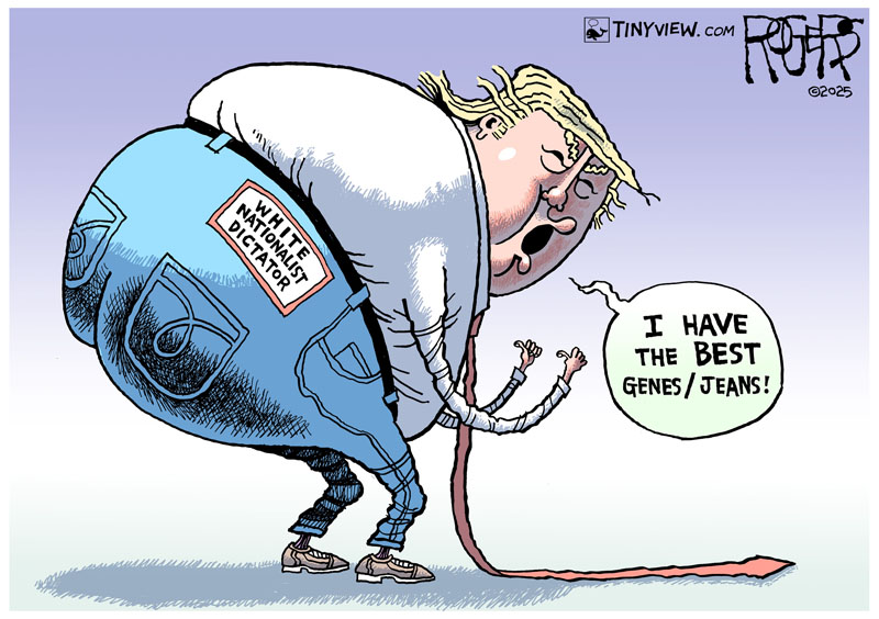 Rob Rogers (@rob_rogers) on Twitter photo Hey, American Eagle ... if you really want to promote White Nationalism, forget Sidney Sweeney and hire the most famous spokesracist ever! #SidneySweeney #AmericanEagle #genes #jeans #Trump #WhiteSupermacy #WhiteNationalist #racism #eugenics <a href="/TinyviewComics/">Tinyview Comics</a> Hey, American Eagle ... if you really want to promote White Nationalism, forget Sidney Sweeney and hire the most famous spokesracist ever! #SidneySweeney #AmericanEagle #genes #jeans #Trump #WhiteSupermacy #WhiteNationalist #racism #eugenics <a href="/TinyviewComics/">Tinyview Comics</a>