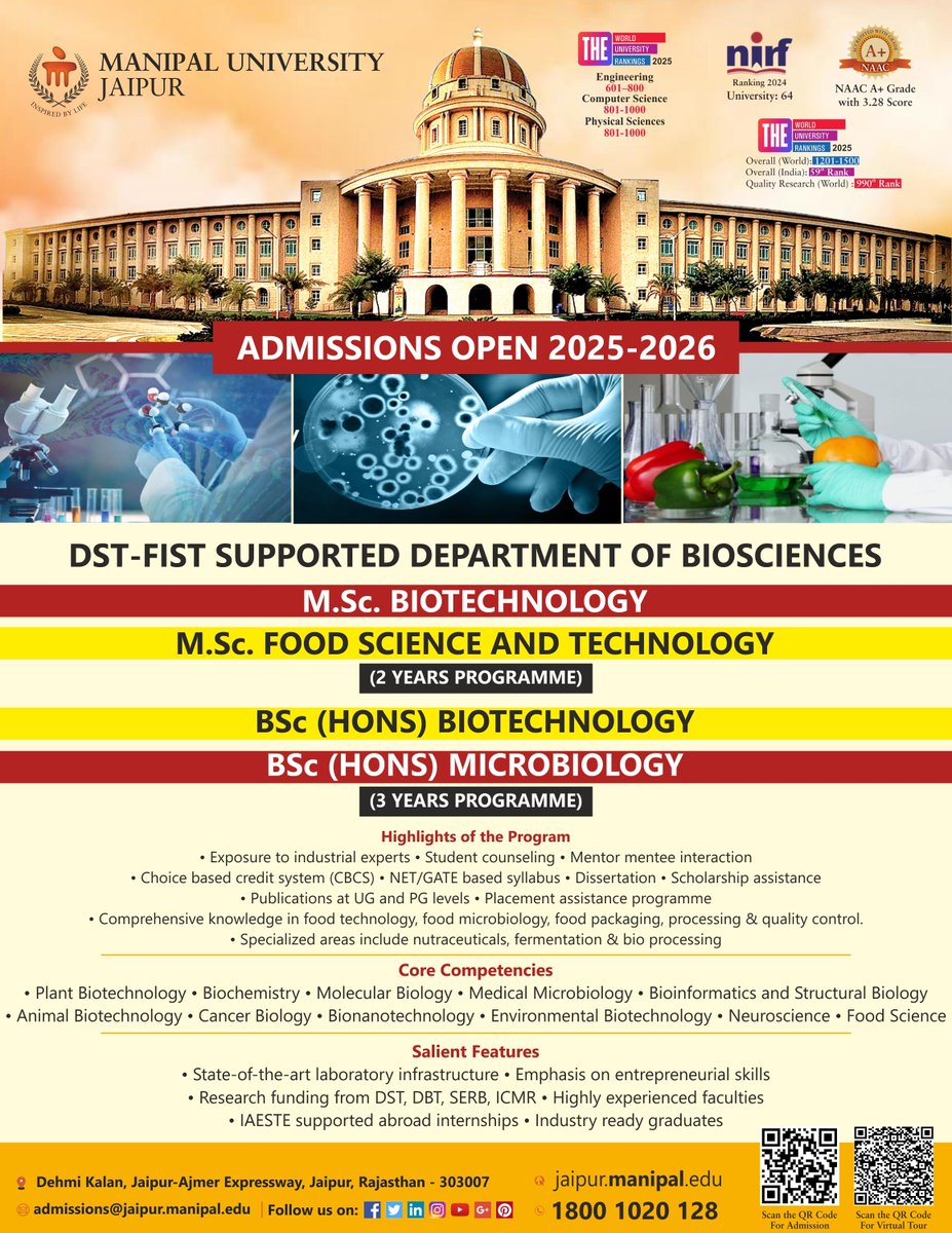 🎓 Manipal University Jaipur – Admissions 2025–26 Now Open
Take your biosciences career to new heights with the DST-FIST backed Department of Biosciences!

📌 Apply Now: btnk.org/manipal-univer…
