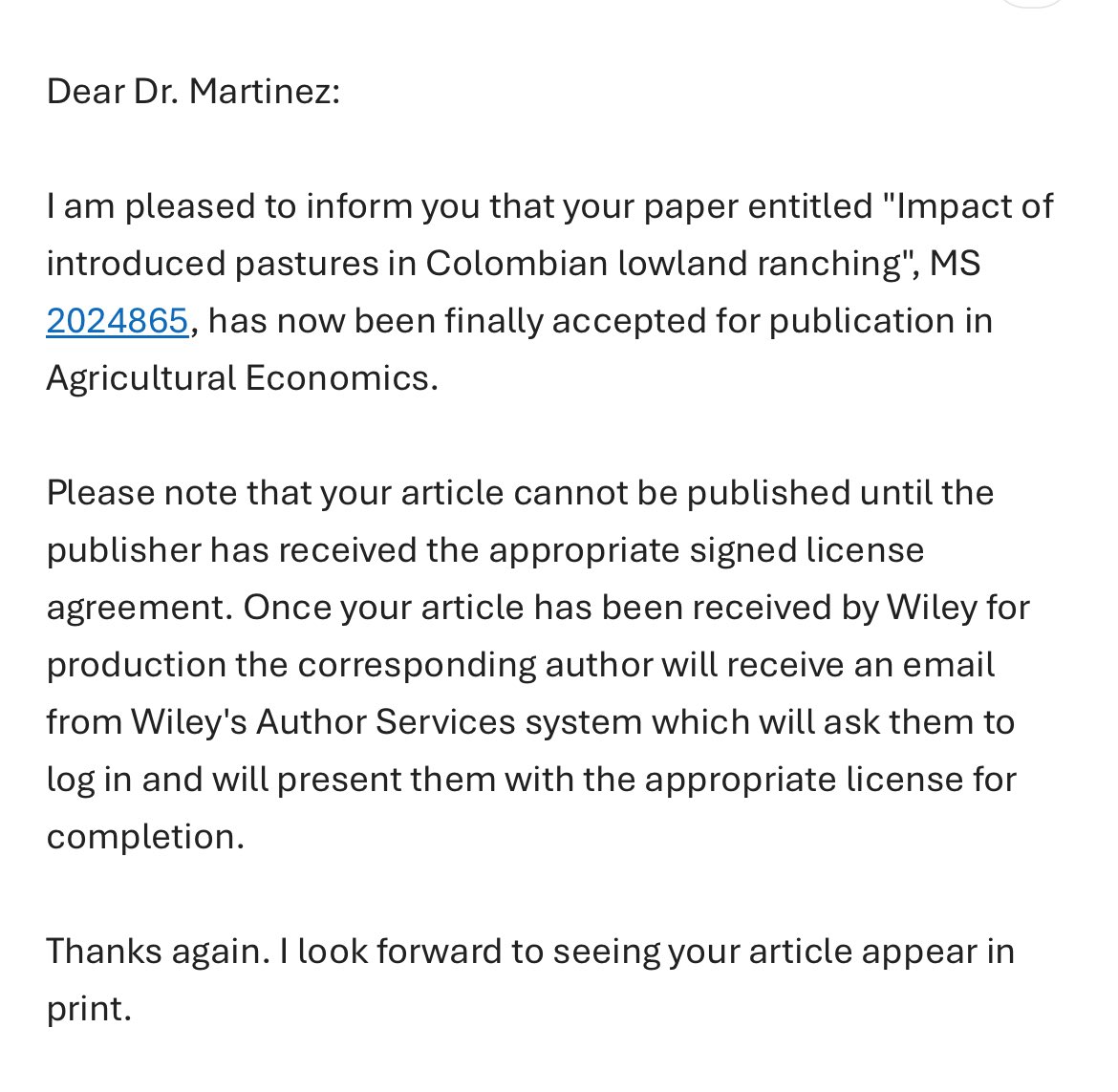 Jose María Martínez (@jmartinezr_) on Twitter photo Acceptance Tuesday! 🥳🎁🎉🍾
Looking forward to seeing this one in print, and excited to have landed it in a great journal likeAgricultural Economics 🙌🏻
Thanks to my coauthor, mentor, and now colleague, <a href="/maredia/">Mywish K. Maredia</a>, and to so many who provided great insights to make this happen! Acceptance Tuesday! 🥳🎁🎉🍾
Looking forward to seeing this one in print, and excited to have landed it in a great journal likeAgricultural Economics 🙌🏻
Thanks to my coauthor, mentor, and now colleague, <a href="/maredia/">Mywish K. Maredia</a>, and to so many who provided great insights to make this happen!