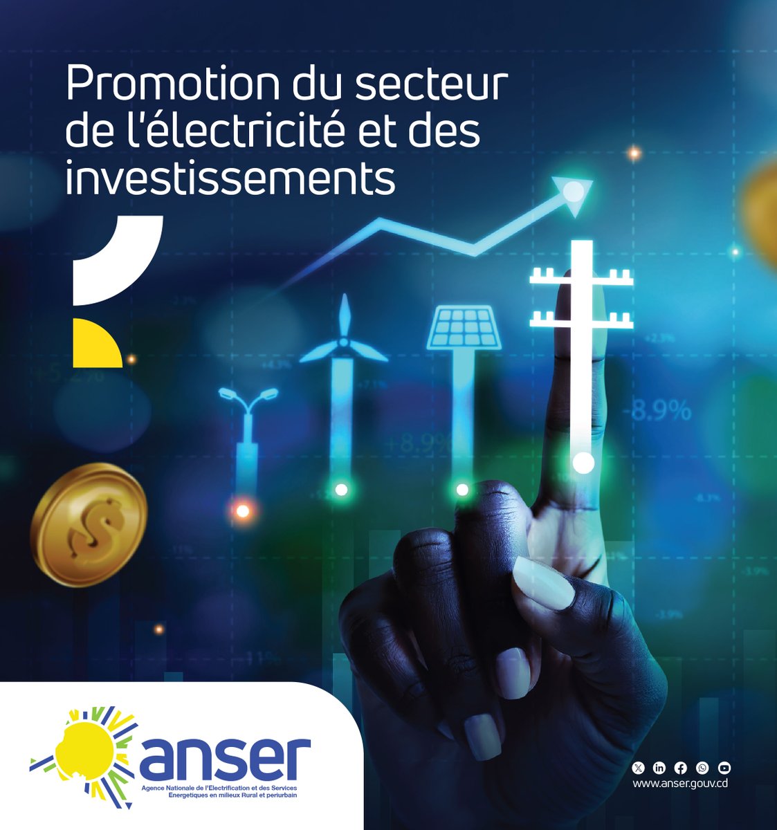 anser_rdc's tweet photo. 🔔 Pour votre information, notre secteur de l'électricité⚡️ est libéralisé depuis 2014✨.
De ce fait, il est ouvert aux investissements privés de tous abords. Le Congo🇨🇩, en raison de son faible taux d'accès à l'électricité🔌💡, constitue un des grands marchés de l'électricité encore presque Alors, devenez développeur dans le secteur de l'électricité⚡️💡.

Pour connaitre le parcours d'investisseur dans le secteur, consulter notre site : https://t.co/0v6oxX4Nda ou écrivez à notre service de partenariat: partenariats@anser.gouv.cd

#InvestirElectrificationRurale #Anser #electricitépourtous @Presidence_RDC @PrimatureRDC   @MinistereRHE @financesrdc  @Cypmusimar  @TwambiDamien7 @ACERD_RDC