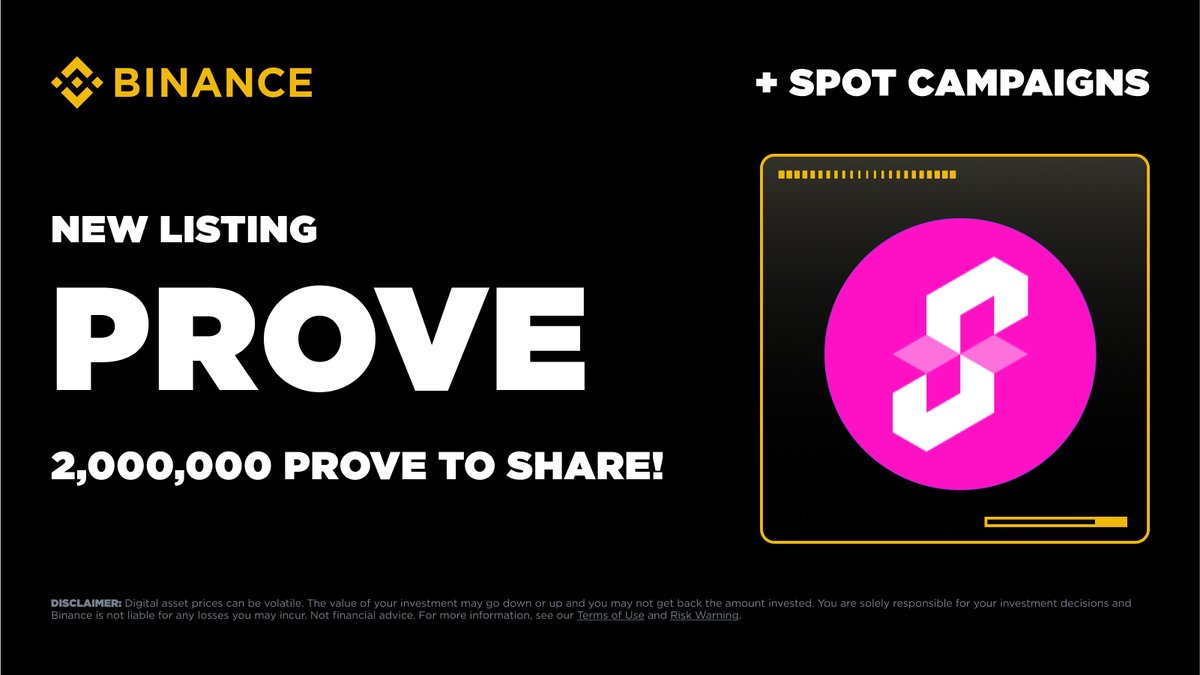 🚨 PROVE vừa list – Giao dịch sớm, săn ngay phần thưởng từ 2 TRIỆU PROVE!

Binance Spot ra mắt 3 hoạt động đặc biệt dành riêng cho những ai giao dịch $PROVE trong giai đoạn này:

🪙 Tổng thưởng: 2.000.000 PROVE dưới dạng token voucher
⏰ Thời gian: 05.08 –
