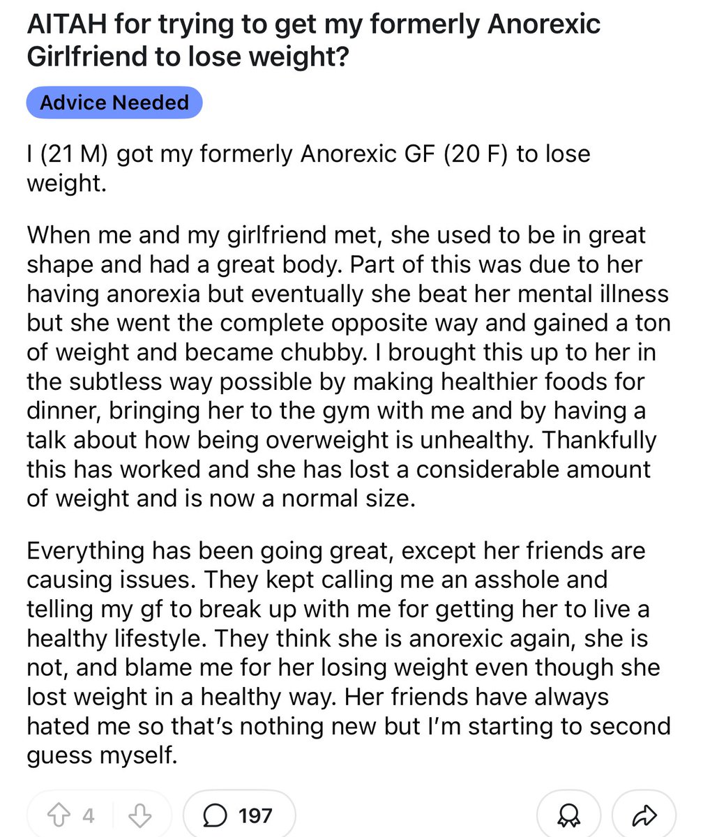 fibreonebars's tweet photo. I occasionally search ED related content on am I the asshole when bored at work and oh my god… this one is BAD 

“great shape and body, partly due to her anorexia” https://t.co/9eMtuNBdFO