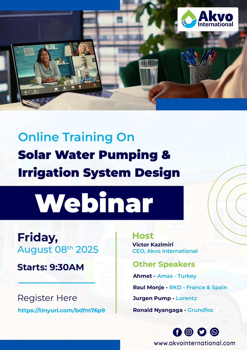 Join us for an online webinar training featuring the world’s leading irrigation &amp; solar pumping brands. 
#Armas, #RKD, #Lorentz, &amp; #Grundfos. 

Register now: tinyurl.com/bdfm76p9

#akvoInternational #solarWaterPumping #irrigation