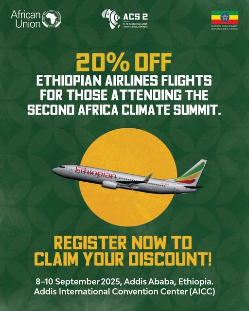 The Ministry of Foreign Affairs of #Ethiopia ๐ช๐น (@mfaethiopia) on Twitter photo Addis Ababa is preparing to welcome the world for #ACS2, taking place from September 8-10, 2025, and registered attendees get to enjoy a ๐ฎ๐ฌ% discount on <a href="/flyethiopian/">Ethiopian Airlines</a> flights, a gesture of #Ethiopiaโs commitment to making the Summit accessible and impactful for all. Addis Ababa is preparing to welcome the world for #ACS2, taking place from September 8-10, 2025, and registered attendees get to enjoy a ๐ฎ๐ฌ% discount on <a href="/flyethiopian/">Ethiopian Airlines</a> flights, a gesture of #Ethiopiaโs commitment to making the Summit accessible and impactful for all.