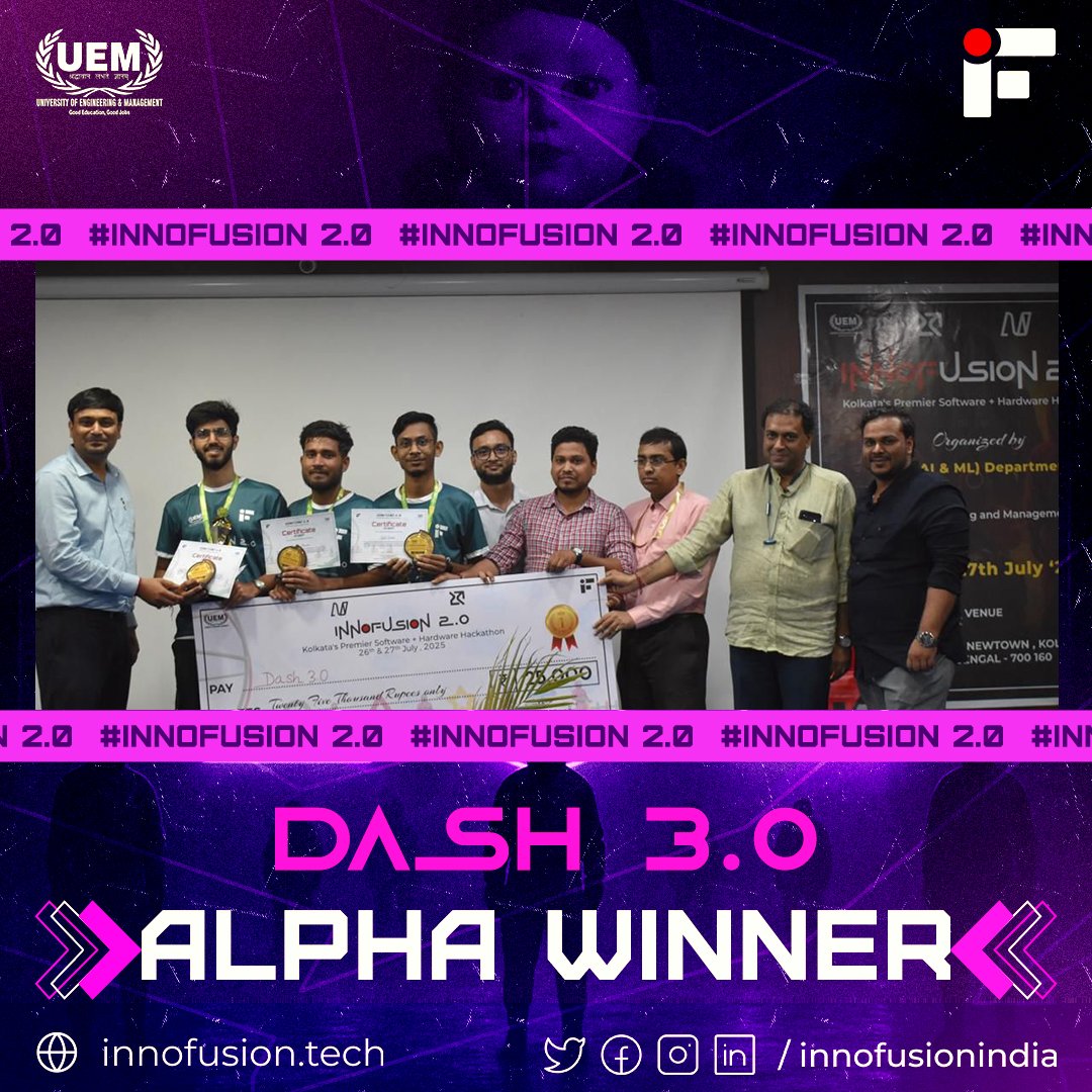 InnoFusionIndia's tweet image. 🥇 Team Dash 3.0 claims Alpha Winner (1st Place) at InnoFusion 2.0! 🚀💻
Speed, skill &amp;amp; smarts — they set the gold standard! ⚡🏆

#InnoFusionHackathon #TeamDash3 #AlphaWinners #BuiltToWin